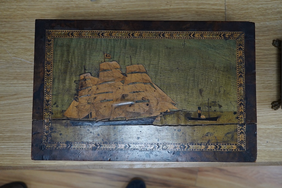 A Victorian writing slope, painted with a panel of a ship in full sail. 39cm wide x 17 cm high. Condition - top cracked
